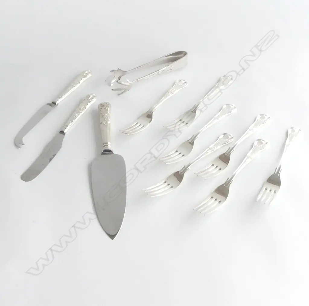 KING'S PATTERN: 3 SILVER HANDLED cheese knife + cake slice + butter knife + 7 silver plate entree forks + tongs Image 1++
