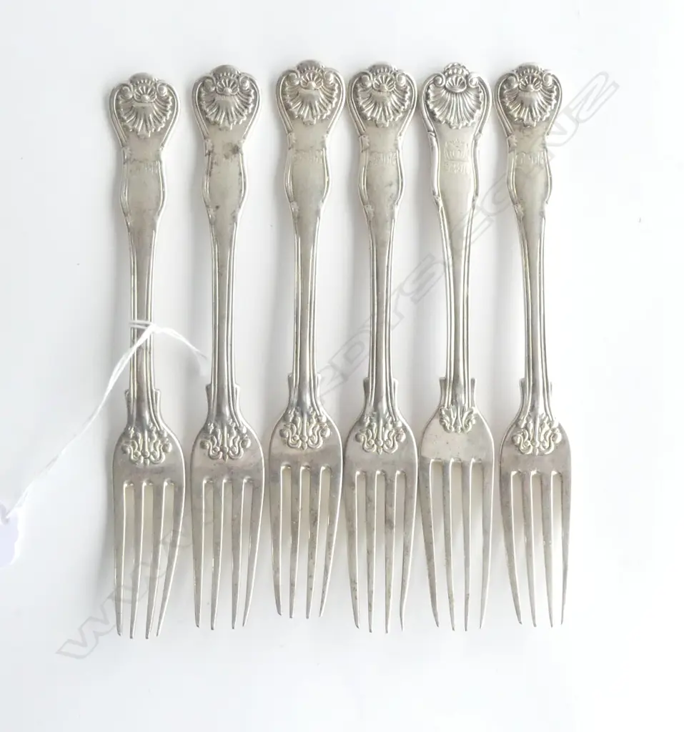 set 6 VICTORIAN SILVER DESSERT FORKS fiddle thread & shell pattern 356gms. London 1860 Image 1++