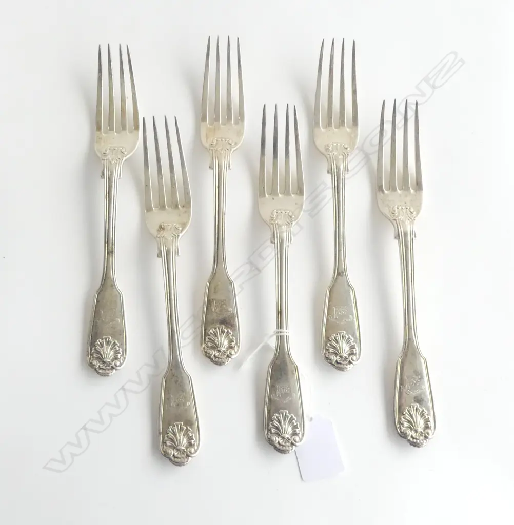 SET 6 WILLIAM IV SILVER TABLE FORKS fiddle thread & shell dble struck pattern 569gms. London.1834 Image 1++