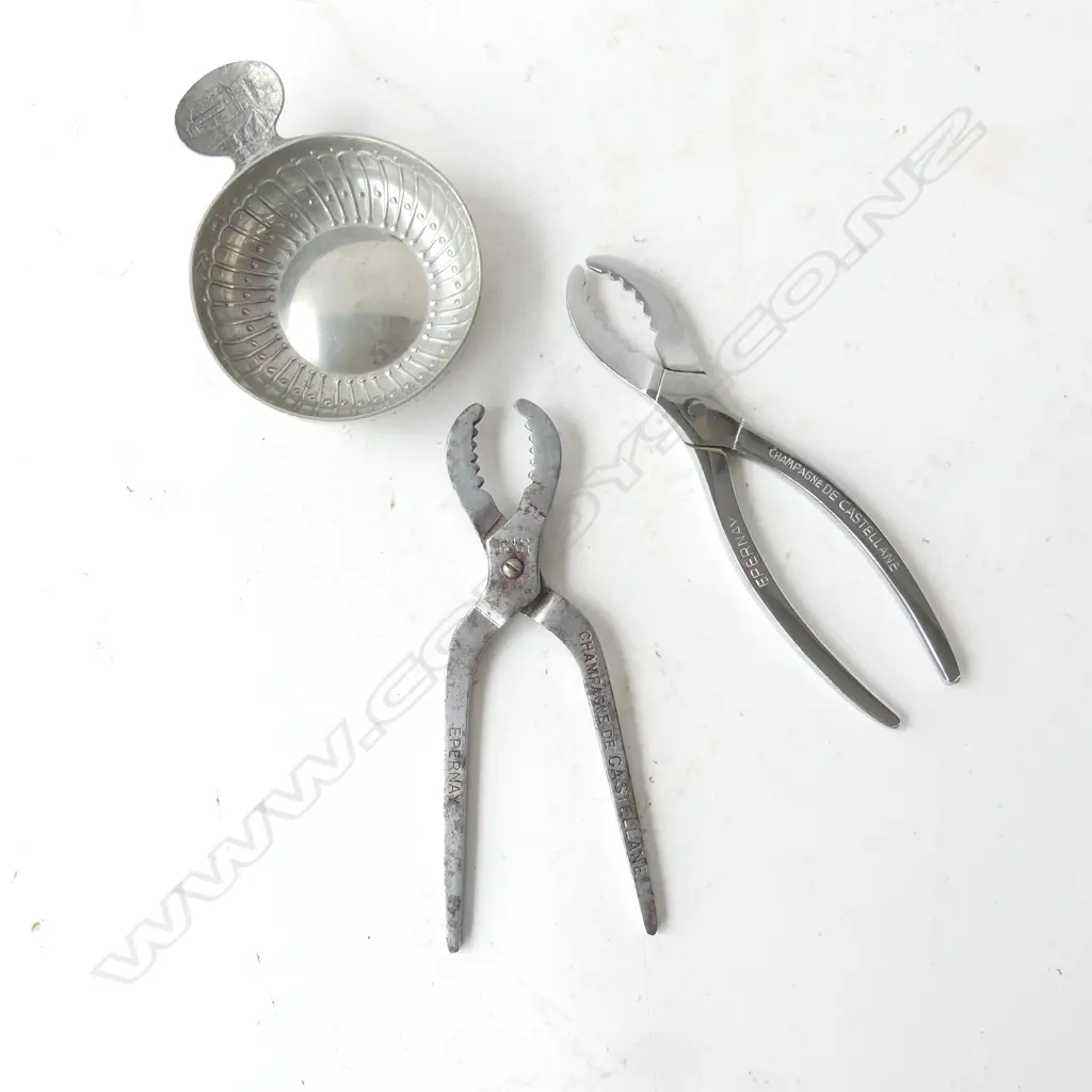 PEWTER CHAMPAGNE  TASTING CUP IMAGE OF VINEYARD CHATEAU IMAGE TO GRIP MAKERS MARK, & TWO PAIR PLIERS 'DE CASTELANE' EPER Image 1++
