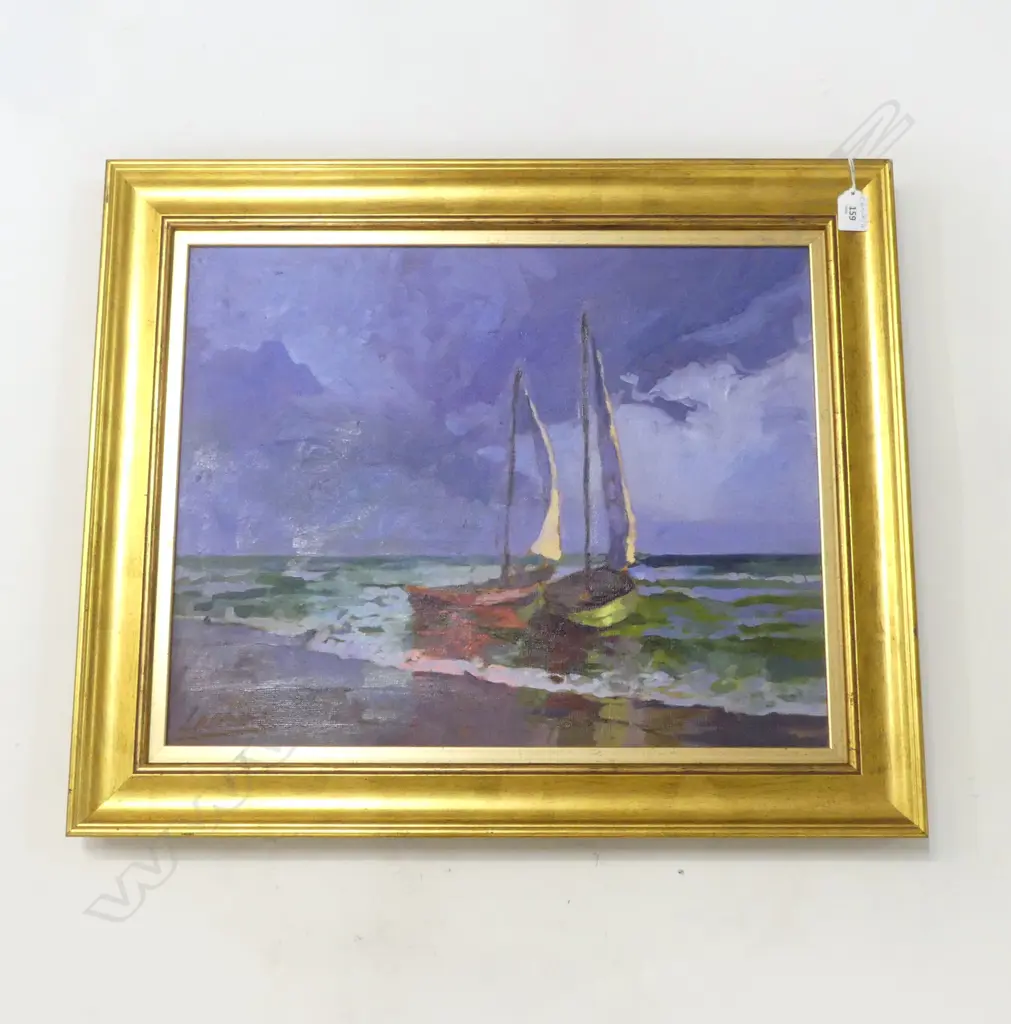 SIGNED OIL ON CANVAS, 2 SAILBOATS ON SEA, FRAME STAMPED w. POLISH GALLERY 'WEDUTA' 400x500mm Image 1++