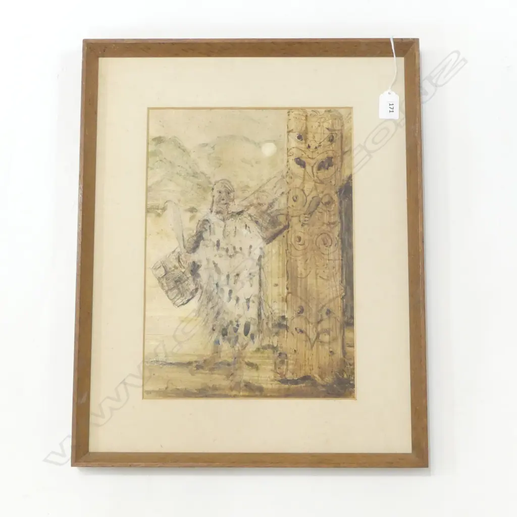 EARLY FOLK ART OIL ON CELLULOID OF TATTOOED MAORI  H520 W410MM Image 1++