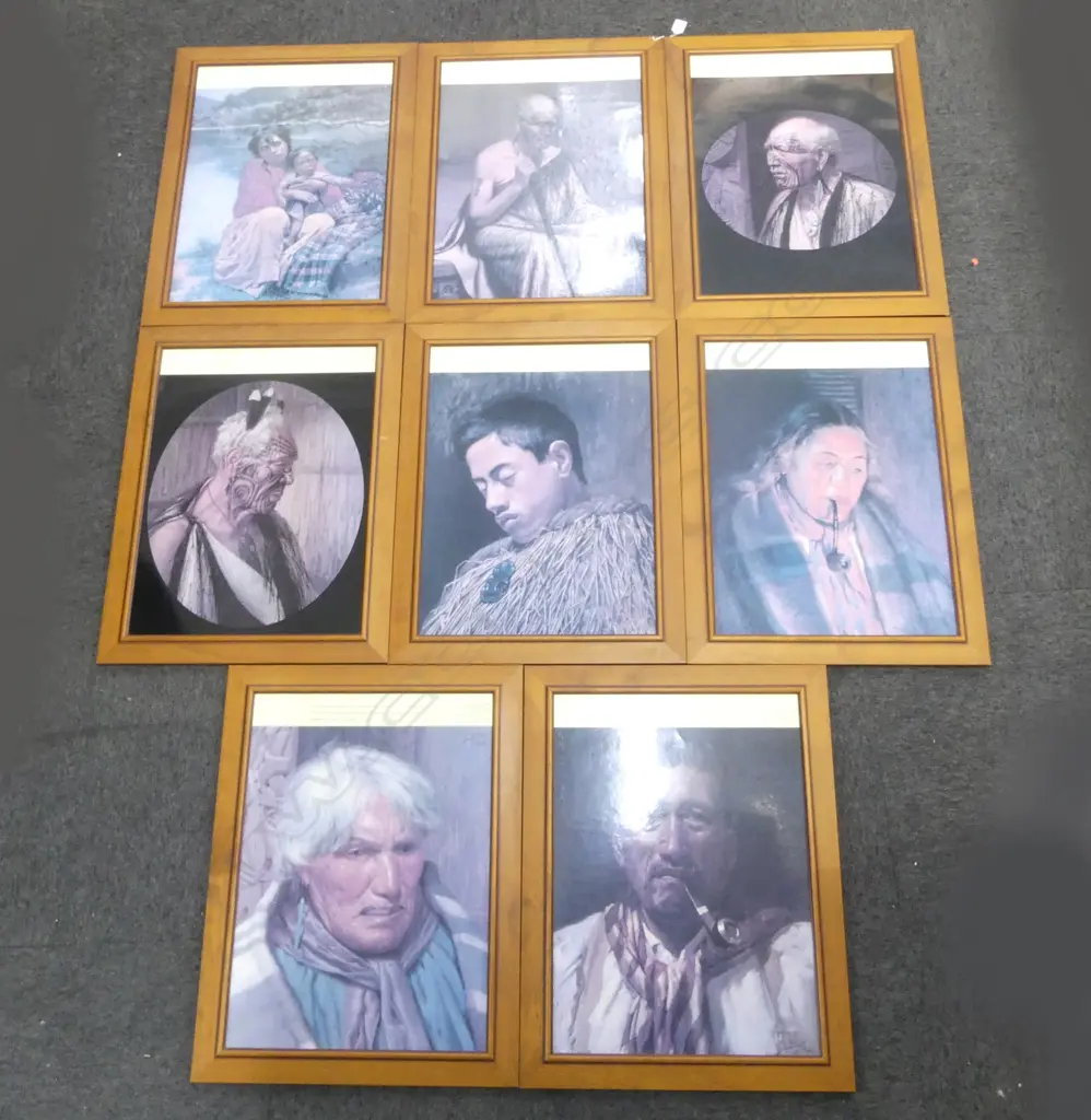  8 FRAMED MID-CENTURY MAORI PRINTS 410X560mm Image 1++