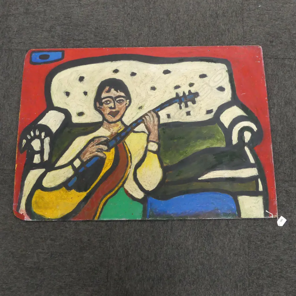 LEE FELTHAM DOUBLE SIDED ARTWORK; GUITAR PLAYER / ORANGE ABSTRACT 1984 ACRYLIC ON BOARD 690x975mm... Image 1++