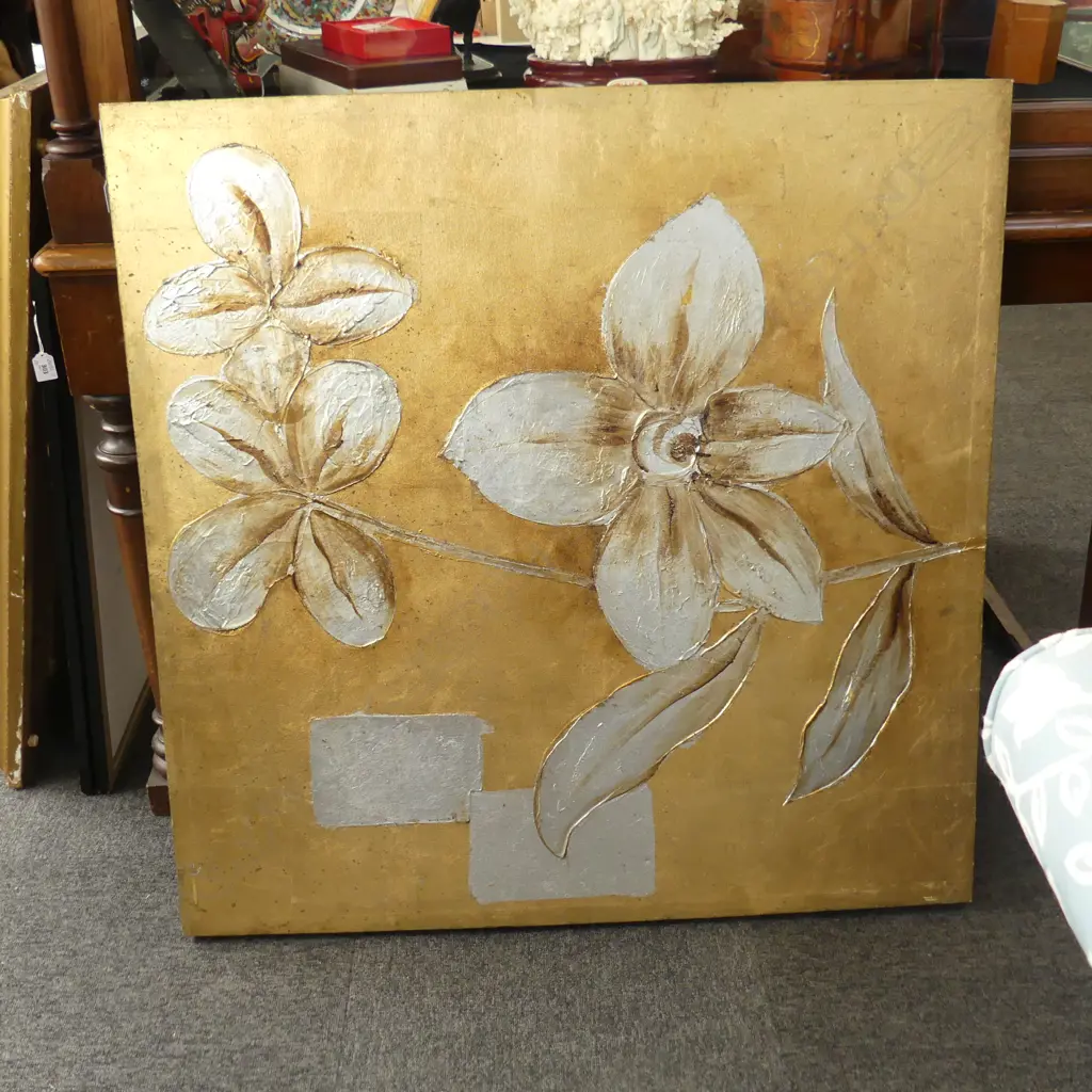LG GOLD FLORAL ACRYLIC ON CANVAS 1000x1000mm Image 1++