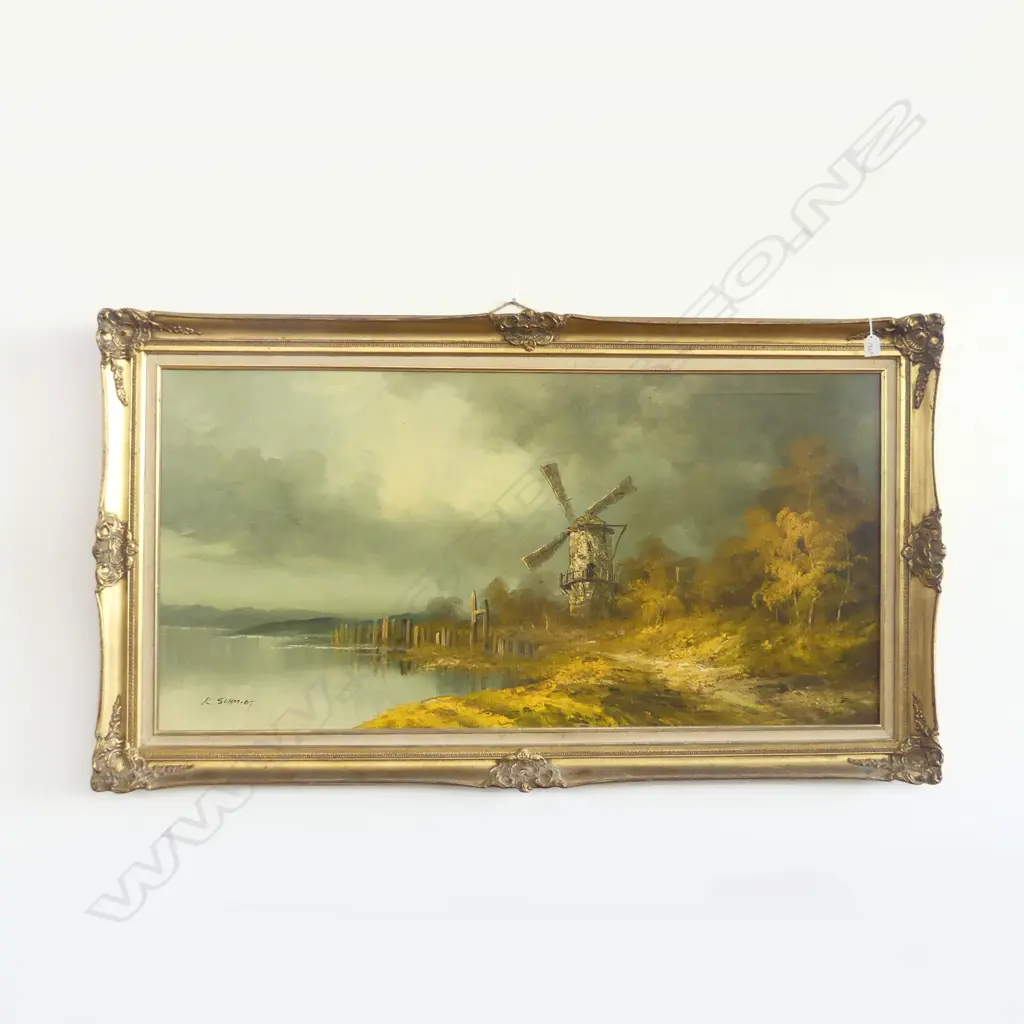 K. SCHMIDT, LANDSCAPE w. WINDMILL, OIL ON CANVAS, 600x1200mm Image 1++
