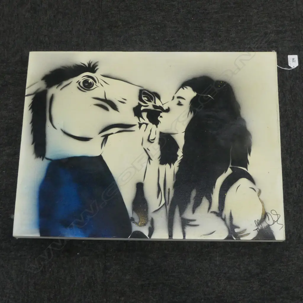 BANKSY STYLE ARTWORK; WOMAN KISSING HORSE 460x610mm FAULTS Image 1++