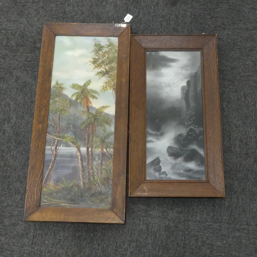 OIL ON BOARD, LAKE SCENE WITH FERNS, INITIALED DATED 'ACR 1902', 640 x 235mm plus MONOCHROMATIC OIL OF MOONLIT SEASCAPE  Image 1++