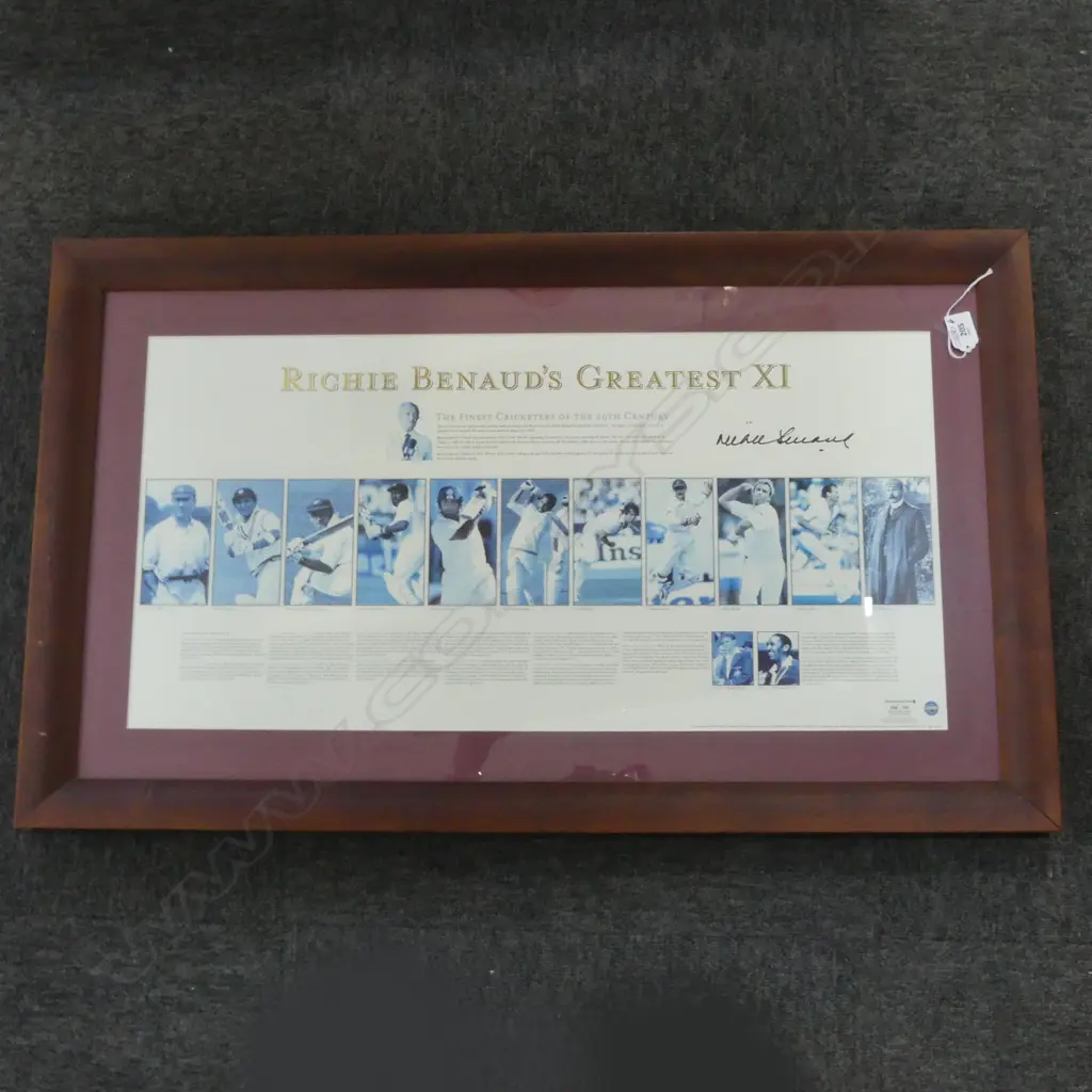 RICHIE BENAUD'S GREATEST XI SIGNED Limited Ed. print 148/500. Framed under glass 870 x 520mm Image 1++