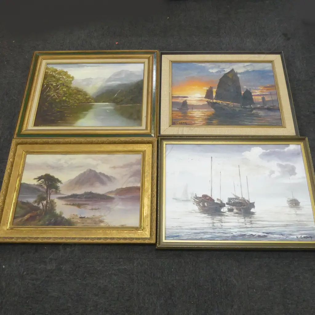 4 OIL ARTWORKS; 2 LANDSCAPES (GILD w. BORER) 375x605mm, 2 ORIENTAL BOATS Image 1++