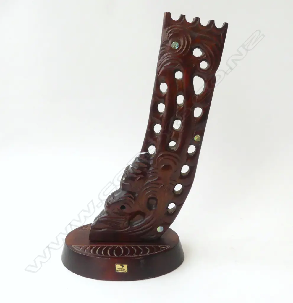 CARVED MAORI 20thC TAURAPA (STERN POST), MARKED 'CARVED IN ROTORUA’ TO UNDERSIDE, H.360mm Image 1++