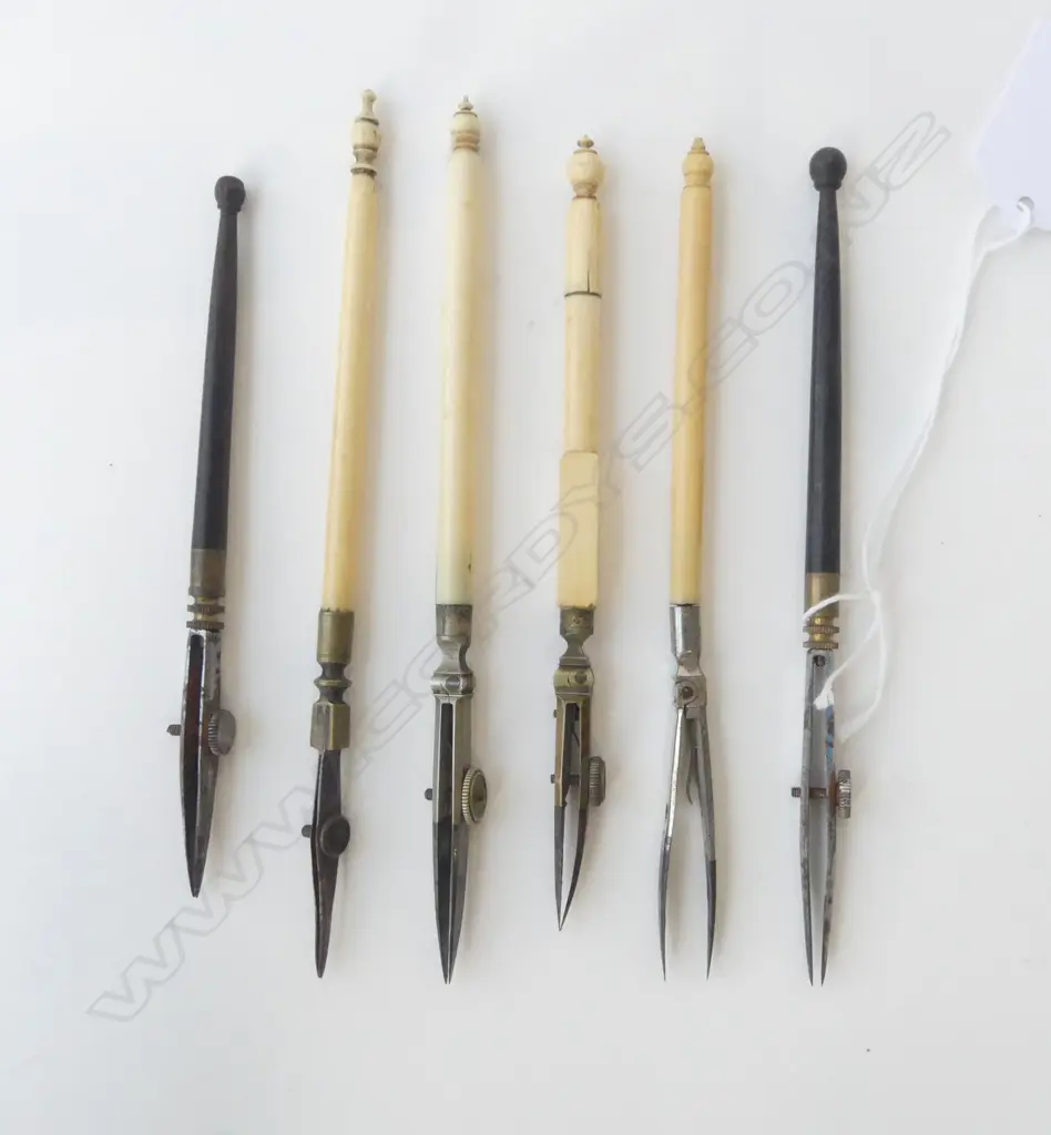 SIX ANTIQUE IVORY AND EBONY DRAUGHTSMAN PENS, L.135MM-155MM Image 1++