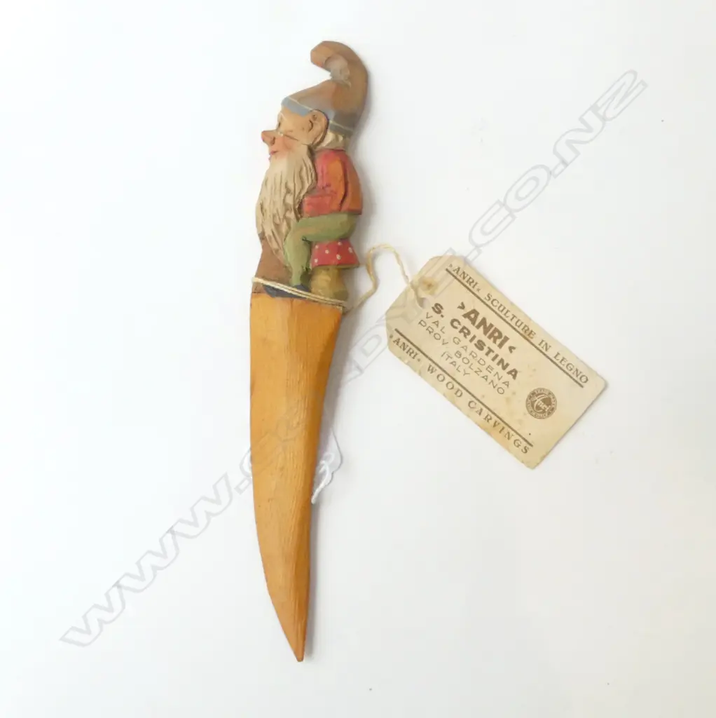 VINTAGE ANRI GNOME WOODEN CARVED LETTER OPENER ORIGINAL LABEL ITALY, L.200MM Image 1++