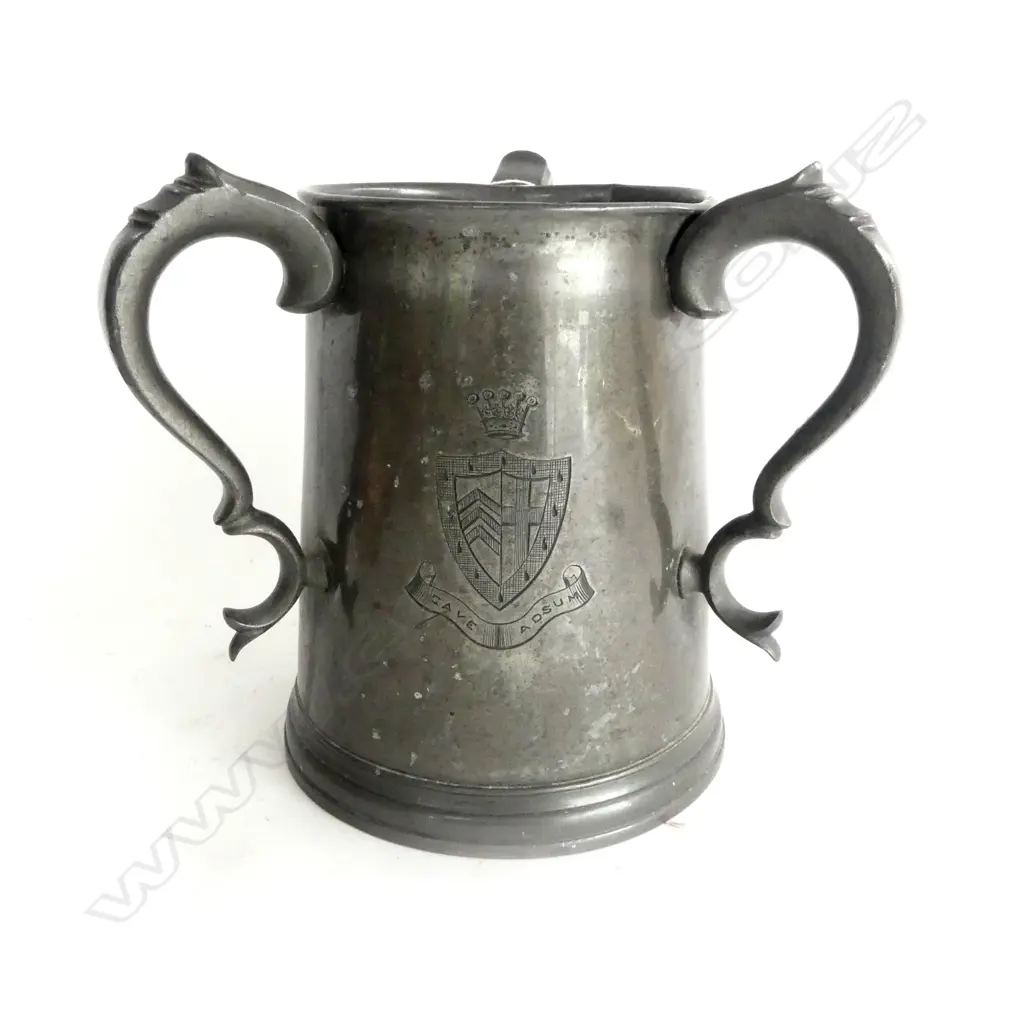 PEWTER TRI HANDLED CUP, engraved 'CLARE COLLEGE (CAMBRIDGE) ROWING EIGHTS 1893' H.180 DIA 150mm Image 1++
