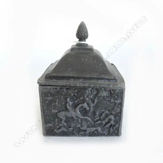 ANTIQUE LEAD TOBBACO BOX LIDDED hunting scenes to sides cone finial H.130mm