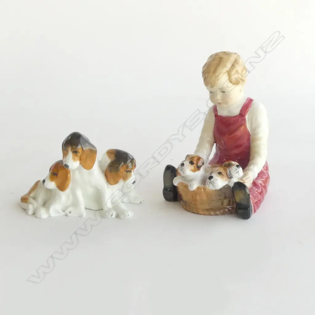 PARAGON HAND-PAINTED BOY WITH PUPPIES ‘PALS’ FIGURINE, H.110mm; plus ROYAL WORCESTER BEAGLES (some chipping), L.80mm Image 1++