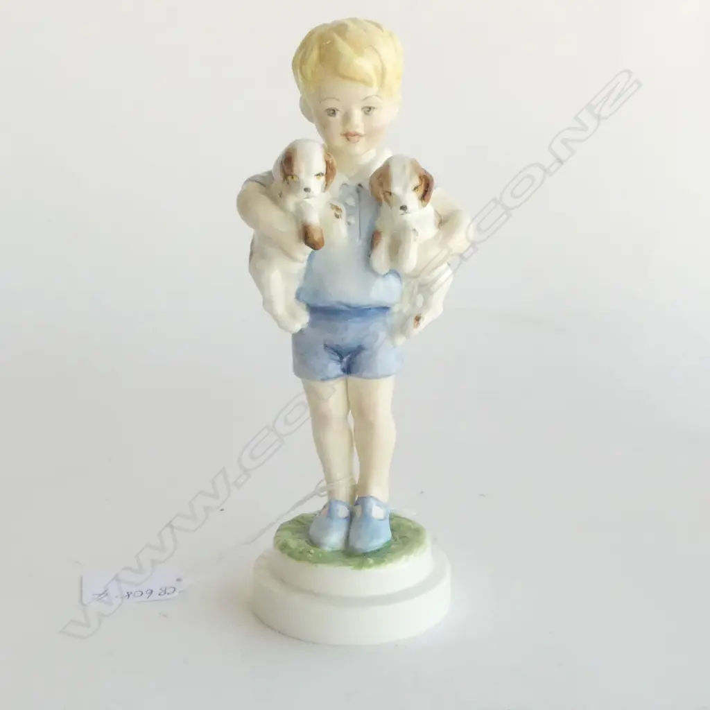 ROYAL WORCESTER HAND-PAINTED FIGURE OF BOY WITH TWO PUPPIES  TITLED’MONDAYS CHILD', H.190mm Image 1++