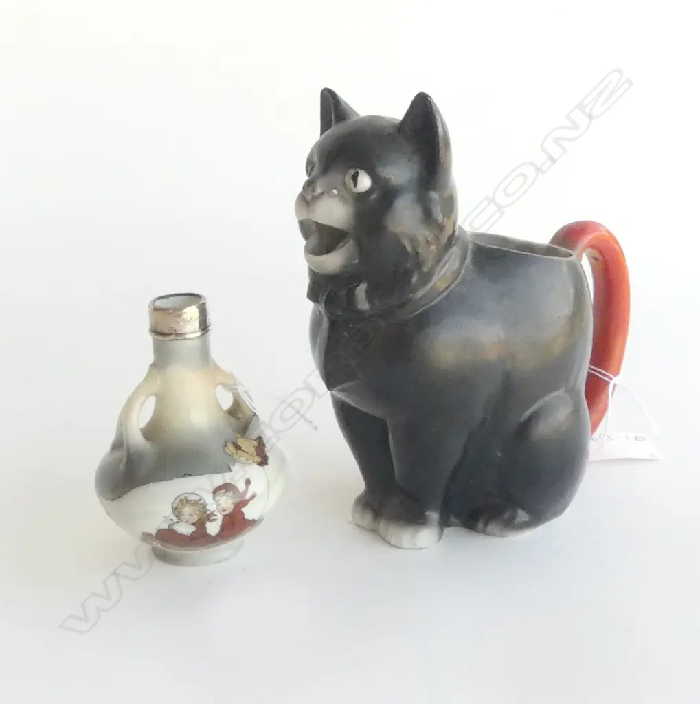 PORCELAIN BLACK CAT CREAMER JUG, H.145mm plus SM STERLING SILVER TOPPED VASE, CHILDREN IN SNOW, H.85mm Image 1++