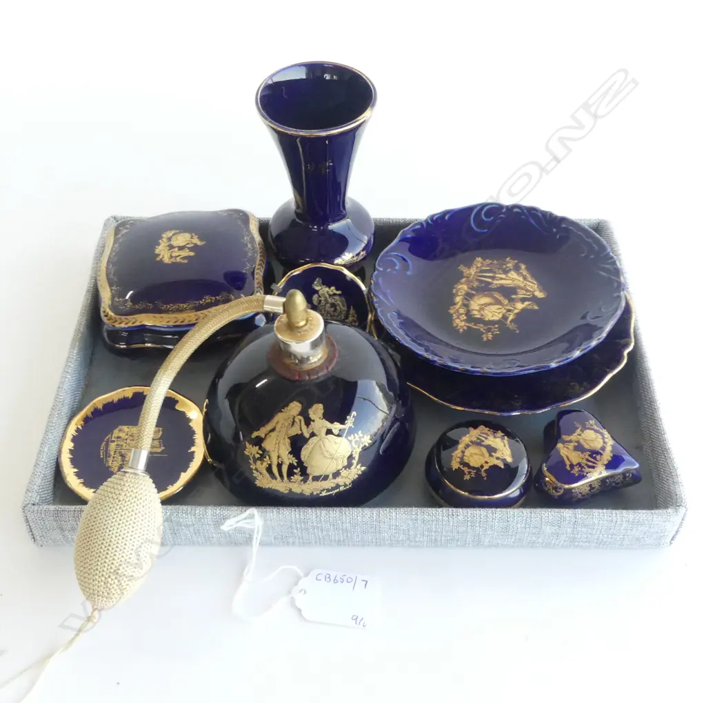 9 PIECES OF SMALL LIMOGE CHINA, BLUE & BLACK Image 1++