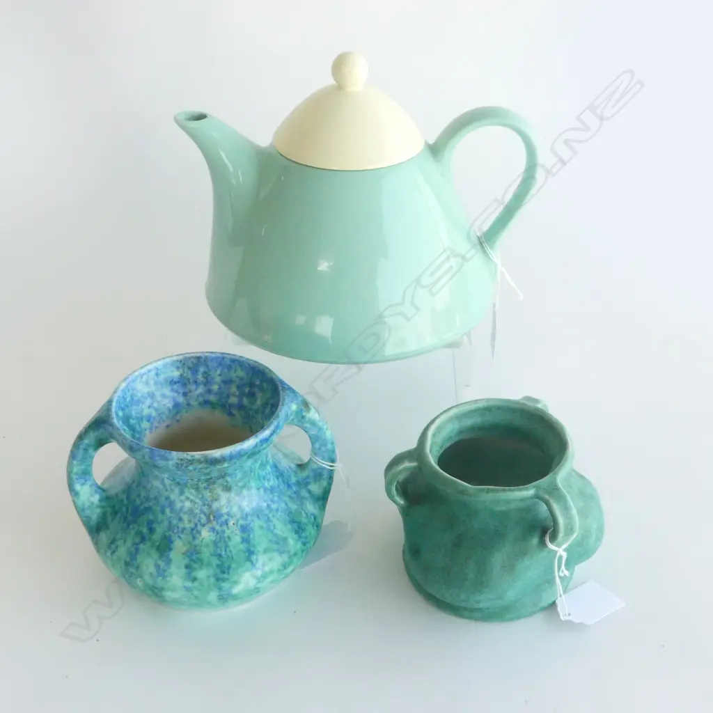 ITALIAN TEAPOT H160MM BRETBY STUDIO POTTERY VASE H80MM & ANOTHER STUDIO POTTERY VASE H100MM Image 1++