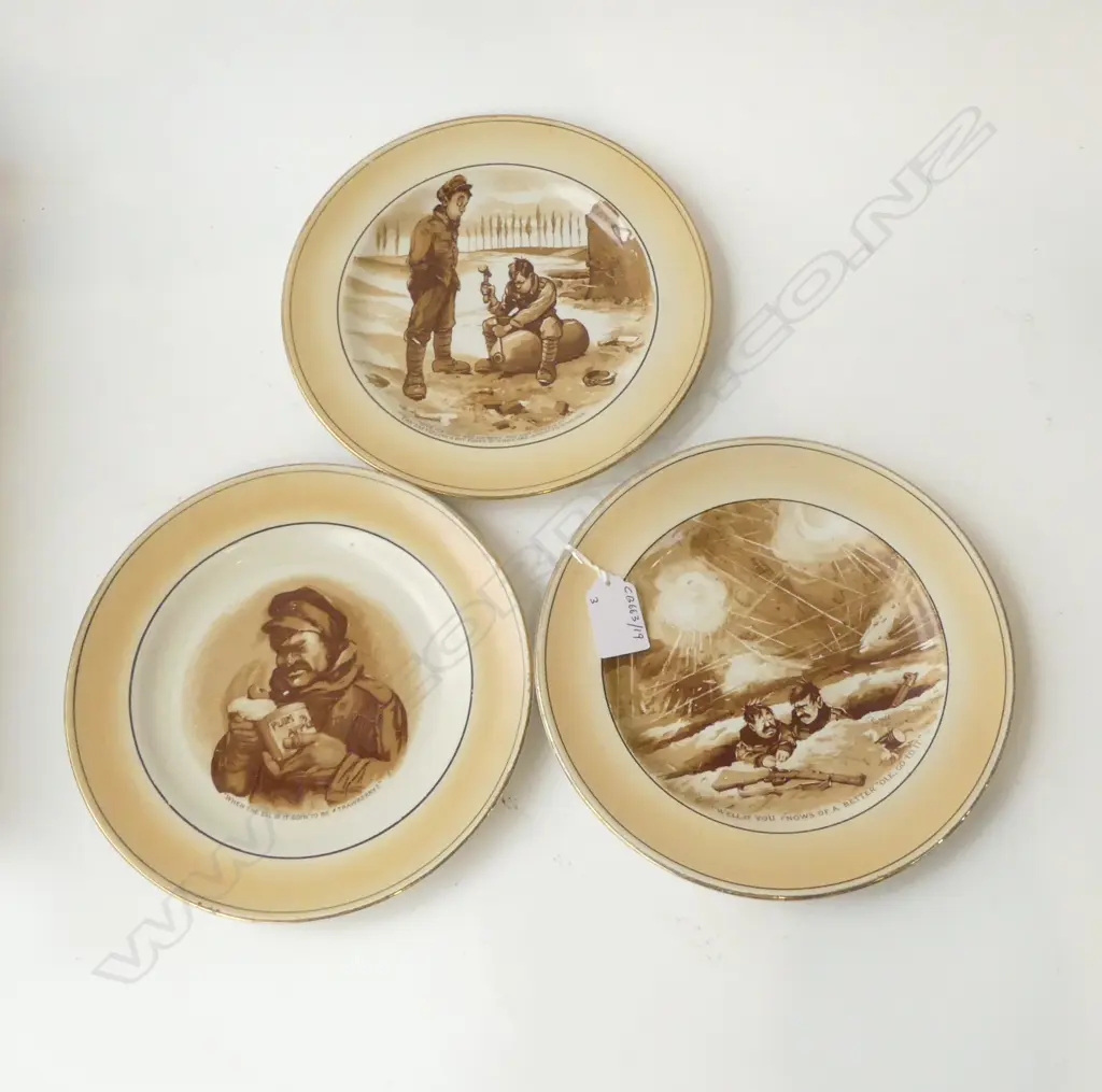 THREE WWI 1917 GRIMWADES BAIRNSFATHER PLATES – HUMOUR IN THE TRENCHES, D.205MM Image 1++
