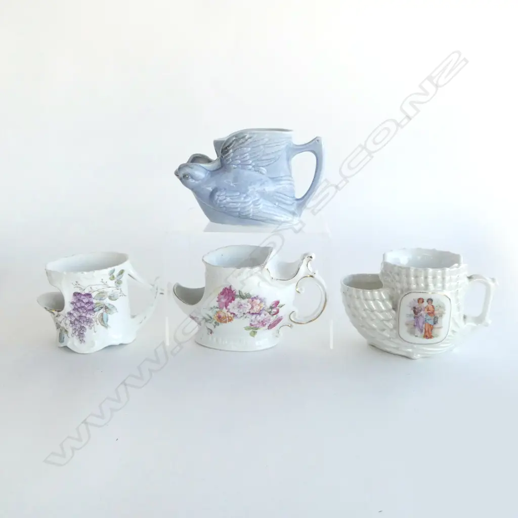 FOUR VICTORIAN SHAVING MUGS – FIGURAL BIRDS, FLORALS, & CLASSICAL SCENE, L.160MM Image 1++