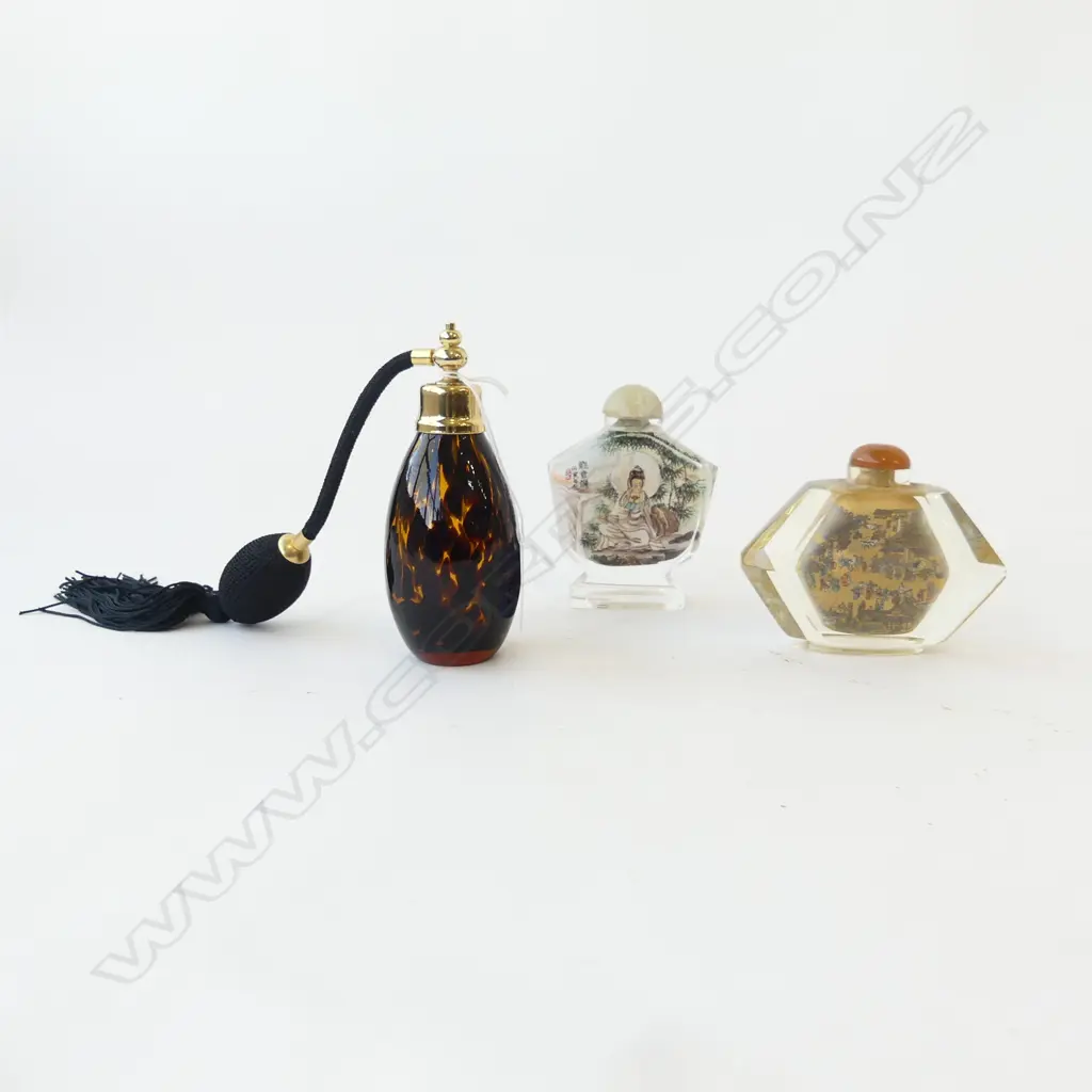 3 GLASS PERFUME BOTTLES; 2 ORIENTAL, 1 TORTOISESHELL H.130mm Image 1++