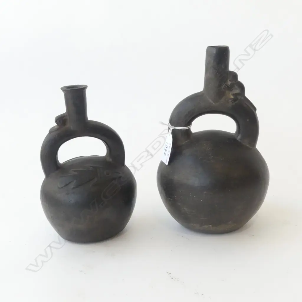 2 reputed Pre-Columbian Moche Chimu Pottery Blackware Figural Vessel Jug Vases. H.210 & 170mm Image 1++