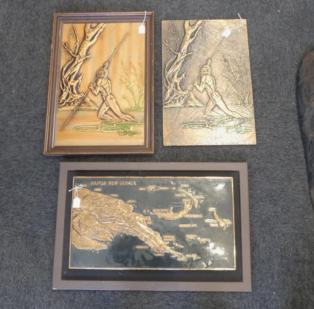 3 COPPER PICTURES 1PNG H450 L680MM & 2 ABORIDGINAL H610 L410MM Image 1++