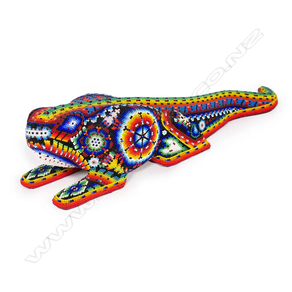 WOODEN LIZARD COVERED w. BEADS (SOME MISSING), SIGNED TO BASE, L.470mm Image 1++