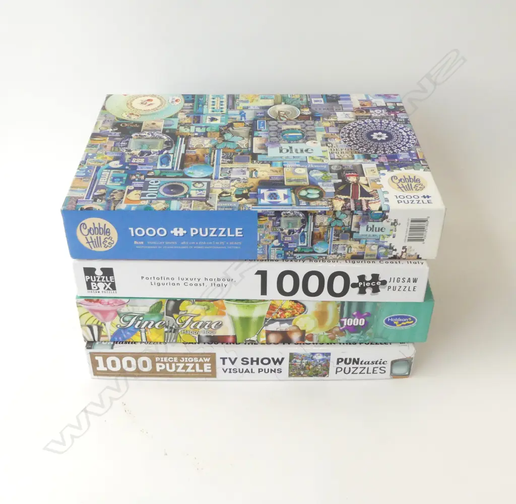 FOUR 1000PC JIGSAW PUZZELS – PORTOFINO, TV SHOW PUNS, HAPPY HOUR & BLUE Image 1++