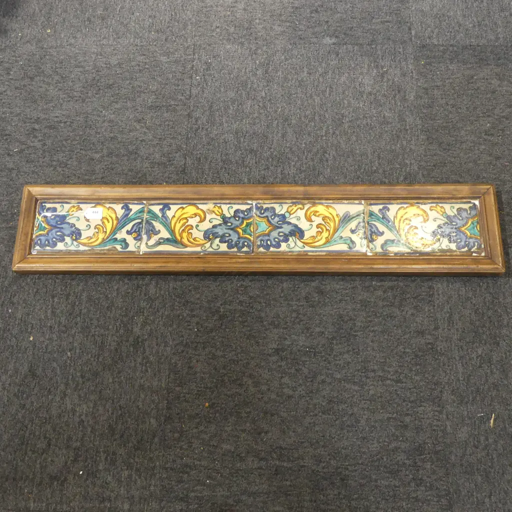 FOUR ANTIQUE SPANISH FLOOR TILES, FRAMED, 950 x 190mm Image 1++