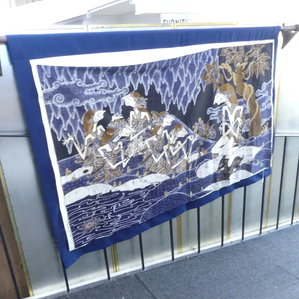 LARGE HANDMADE JAVANESE BATIK PANEL multiple stylised figures 900 x 1600mm signed. On blue cotton backing (4) Image 1++