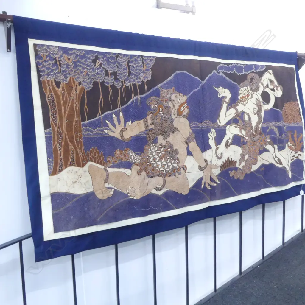 LARGE HANDMADE JAVANESE BATIK PANEL 2 MYTHICAL DEMON FIGURES 900 x 2000mm signed SYOND YOGYA? On blue cotton backing (3) Image 1++
