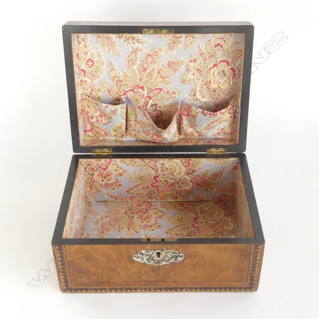 VICTORIAN BURR WALNUT INLAID WORK BOX 280 x 200 x 135mm. Abalone inlay Image 1++