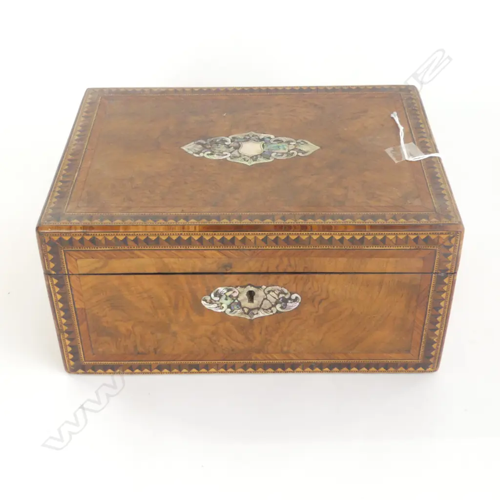 VICTORIAN BURR WALNUT INLAID WORK BOX 280 x 200 x 135mm. Abalone inlay Image 1++