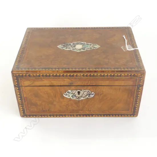 VICTORIAN BURR WALNUT INLAID WORK BOX 280 x 200 x 135mm. Abalone inlay