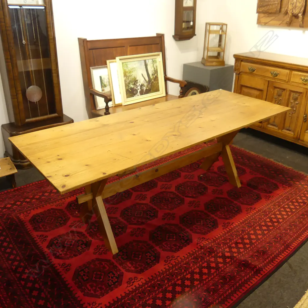 BALTIC PINE PLANK TOP DINING TABLE w. X LEGS & STRETCHER 2100x795mm Image 1++