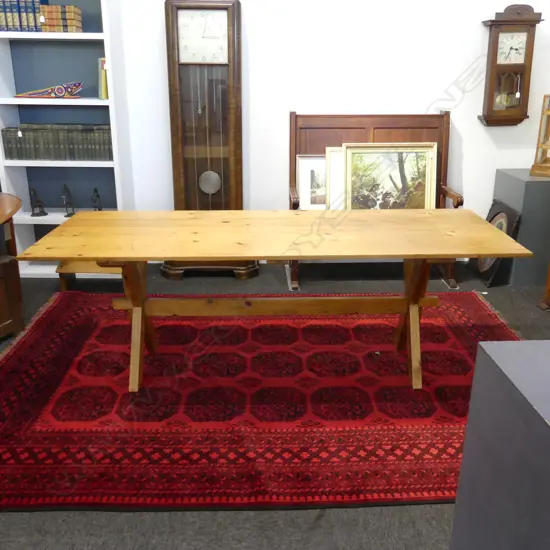 BALTIC PINE PLANK TOP DINING TABLE w. X LEGS & STRETCHER 2100x795mm