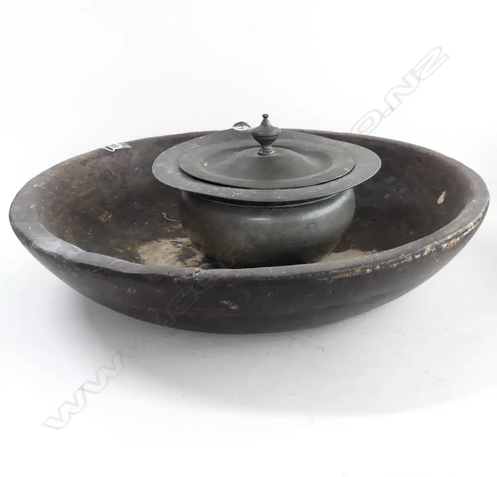 ANTIQUE LIDDED PEWTER VESSEL H100mm & LARGE WOODEN FRUIT BOWL W480mm some faults Image 1++