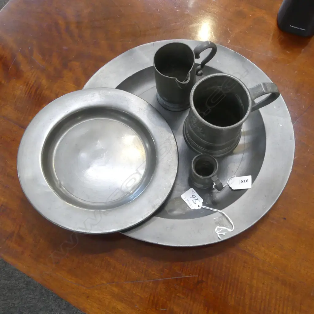 5PC ANTIQUE ENGLISH PEWTER LONDON TOUCH MARKS CHARGER DIA370MM PLATE DIA260MM PINT MUG H110MM JUG H100 & ONE THIRD GILL Image 1++
