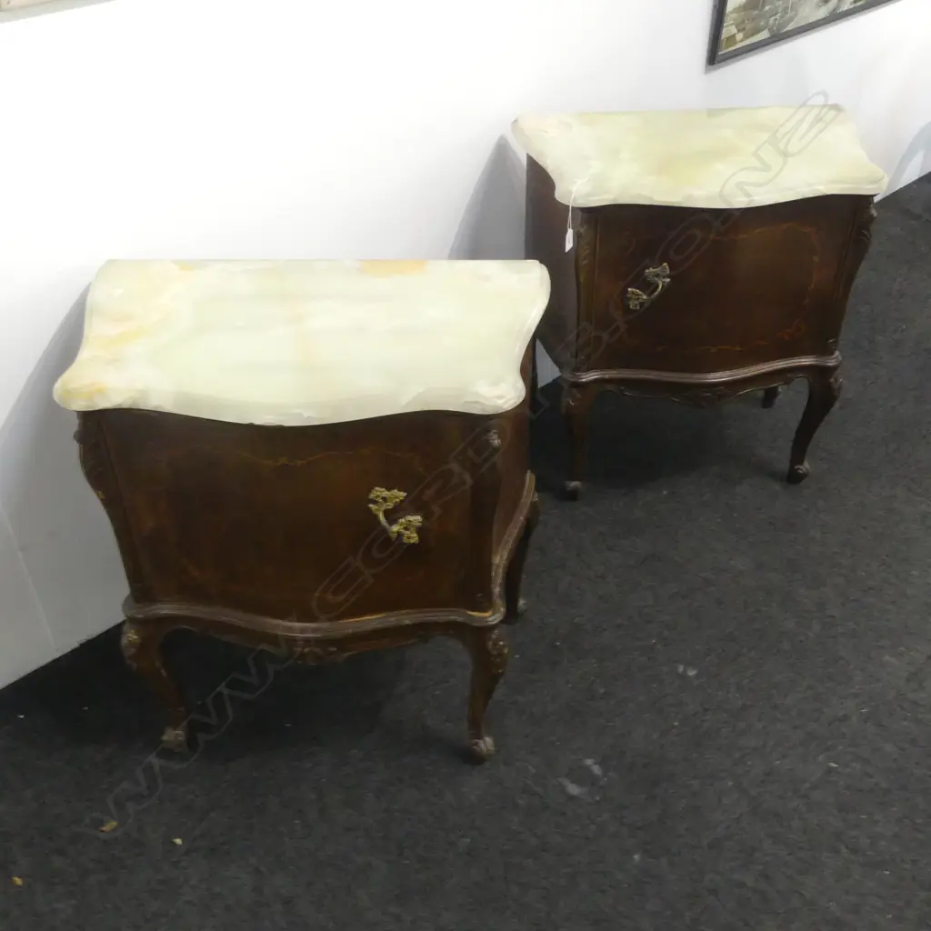 PR FRENCH STYLE BEDSIDE CABINETS (ONYX TOP w. FAULTS & MINOR BORER) W.640mm Image 1++