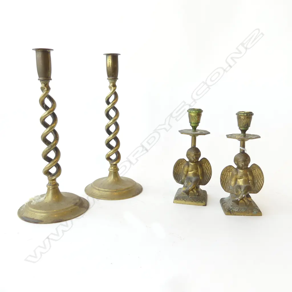 2 PRS BRASS CANDLESTICKS; BARLEY TWIST H.300mm, ANGELS H.195mm Image 1++