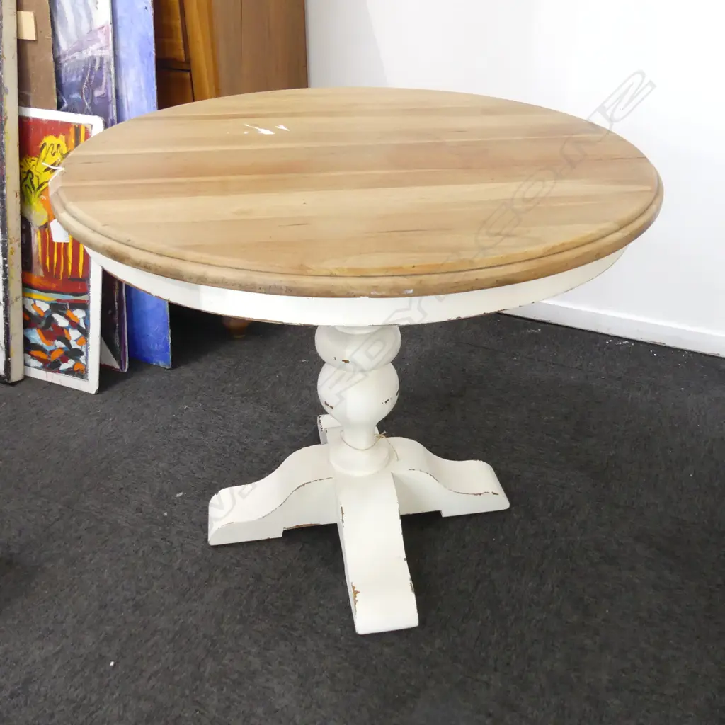 ROUND PEDESTAL TABLE w. WHITE PAINTED BASE 900mm dia, H.765mm Image 1++