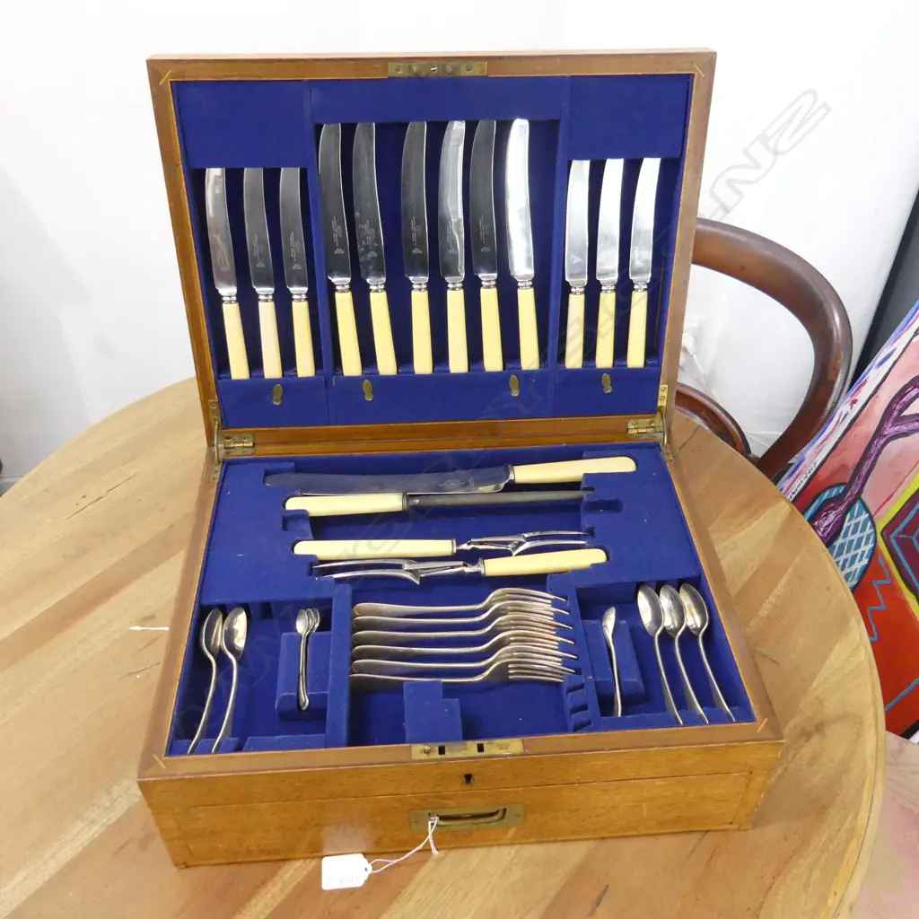 BOXED BLOND OAK CUTLERY SET, NICKEL CUTLERY BY JWS,  FRIEZE DRAWER, INCOMPLETE  Image 1++