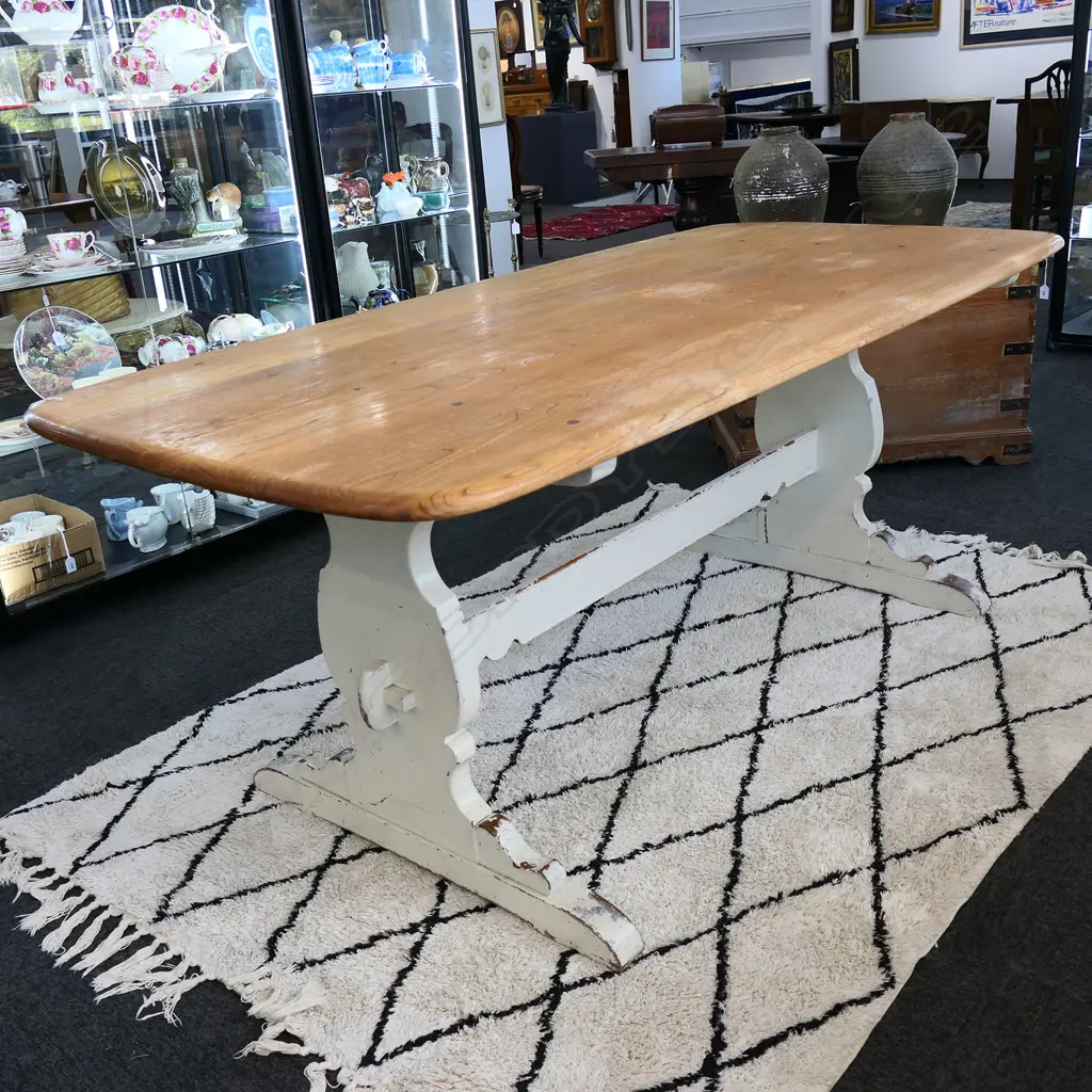 VINTAGE ERCOL REFECTORY TABLE, WHITE PAINTED STRECHER BASE, 1800 x 875 x 735mm Image 1++