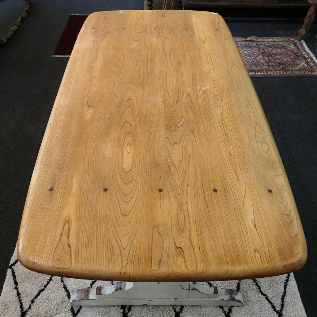 VINTAGE ERCOL REFECTORY TABLE, WHITE PAINTED STRECHER BASE, 1800 x 875 x 735mm Image 1++
