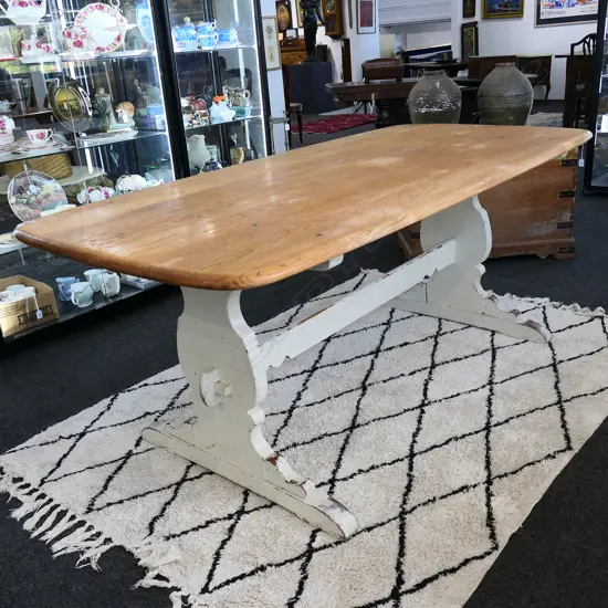 VINTAGE ERCOL REFECTORY TABLE, WHITE PAINTED STRECHER BASE, 1800 x 875 x 735mm