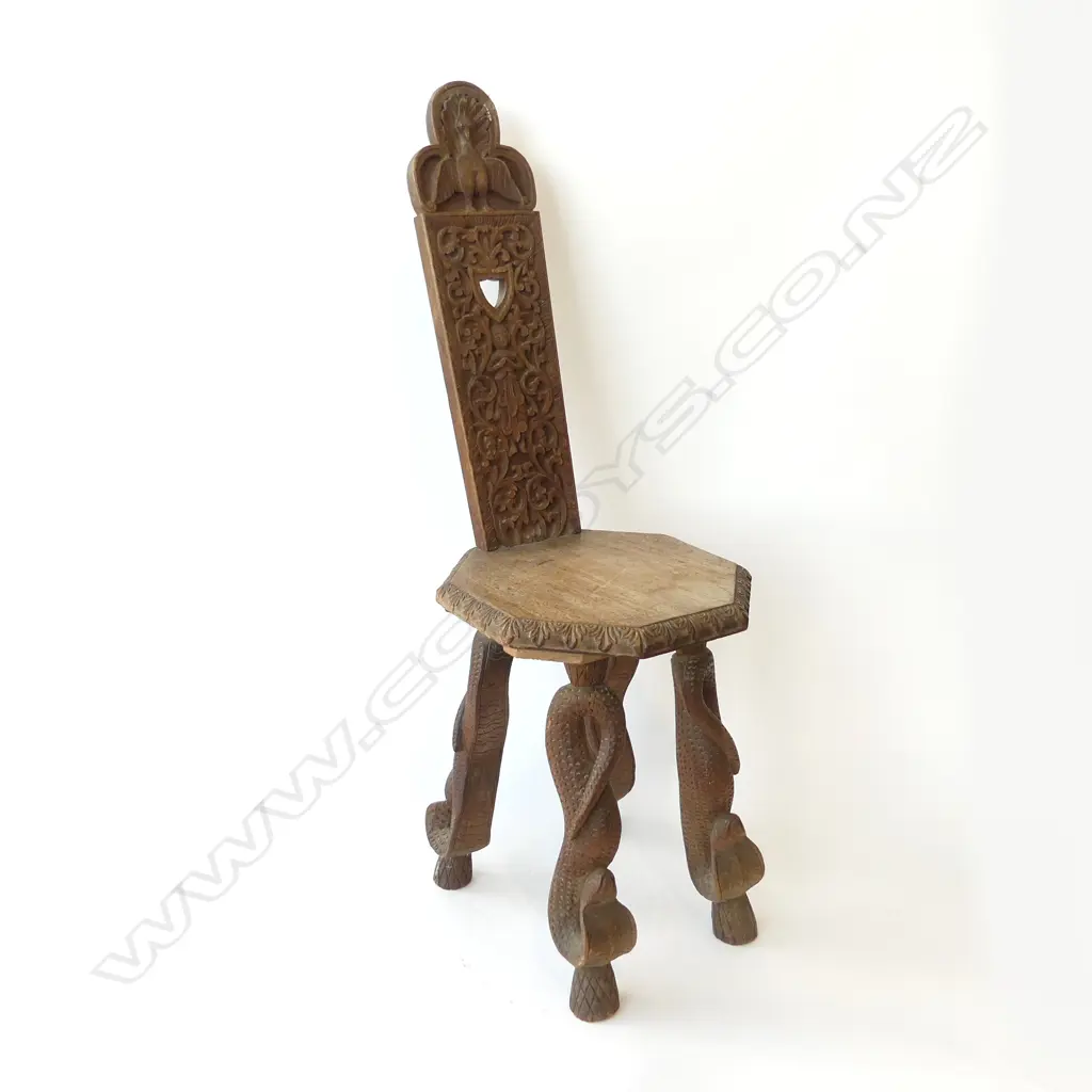 INDIAN CARVED WOODEN CHAIR w. 4 COBRA SNAKE LEGS H.860mm Image 1++