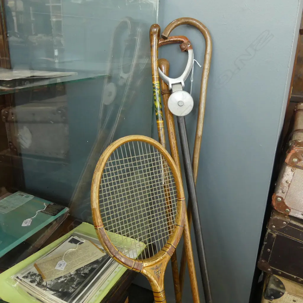 3 WALKING STICKS, SHOOTING STICK & TENNIS RACKET Image 1++